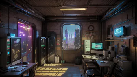 background only, This is a cyberpunk fantasy image. Generate a datacenter computer room surrounded by a cyberpunk city. The room...