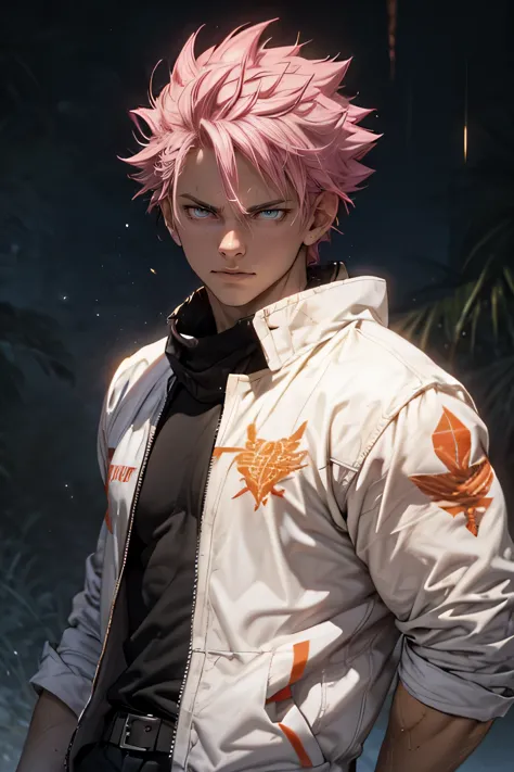 22-year-old pink-haired nobleman Indian face in a white jacket without a shirt with an expression of determination, pain and suf...