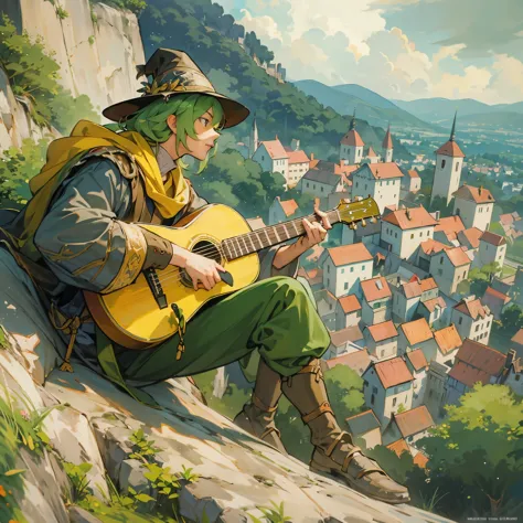 a young man，european medieval bard，wearing yellow and green cloth，wearing a triangular ranger hat，playing small guitar，sitting l...