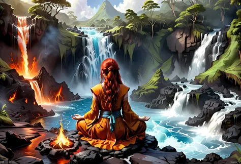 fantasy art, photorealistic, D&D art, a picture of a female monk sitting and meditating near a waterfall, at the base of the waterfall,  there is a human woman monk wearing monk garbs, meditating near a bonfire near an (epic sized waterfall: 1.3), red hair...