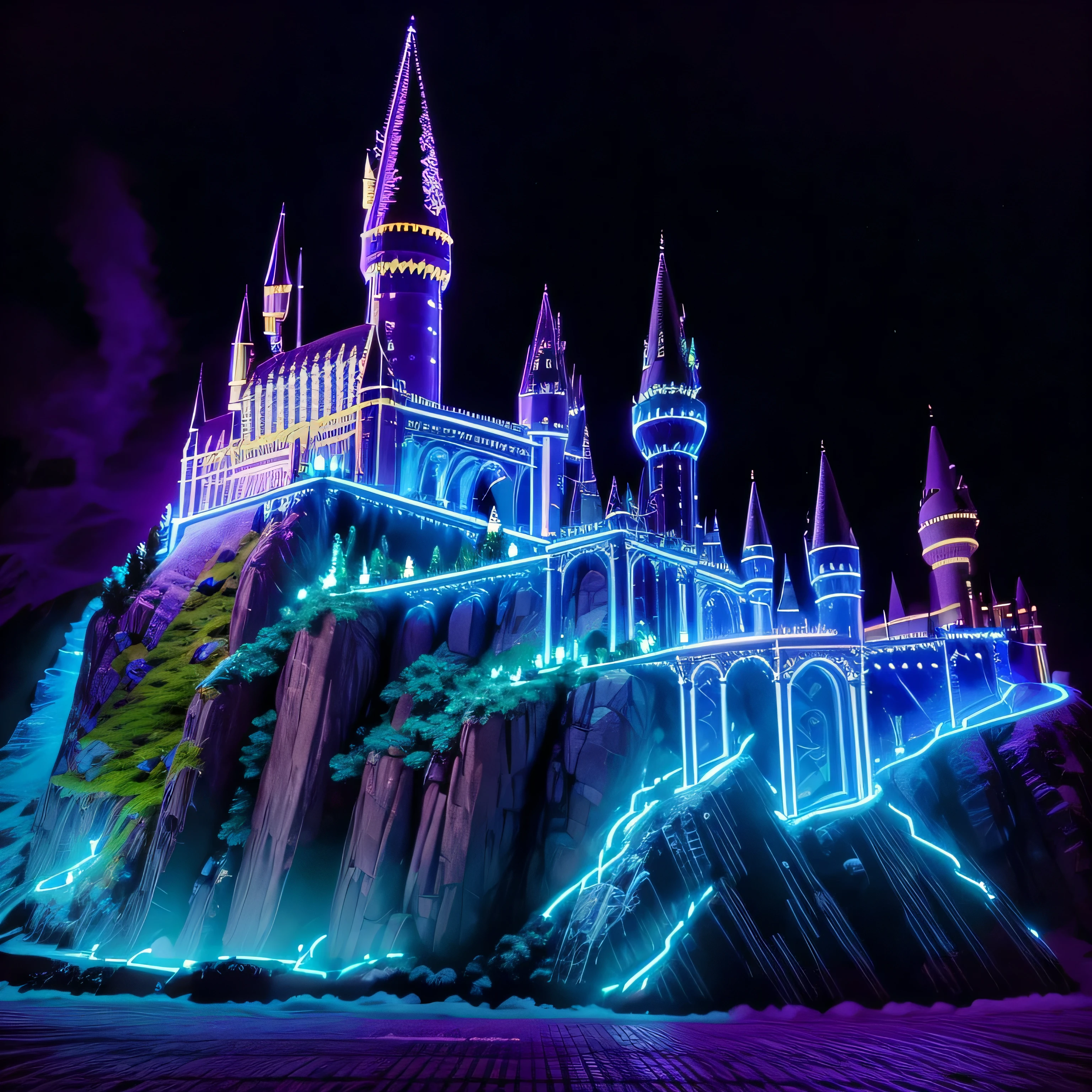 The Hogwarts Castle (Harry Potter) in neon. Vibrant castle, lively school, garden with illuminated driveway, the nightlife of the castle, vibrant colors, energetic atmosphere, luminous castle outline, lively nightlife, lively crowd, electric energy, lively activity, lively nightlife scene, vibrant and colorful atmosphere, energetic nightlife, sparkling neon lights, bright signs, dazzling lights. 