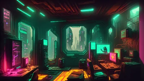 there is a room with a computer and a monitor in it, cyberpunk setting, cyberpunk apartment, cyberpunk interior, cyberpunk envir...