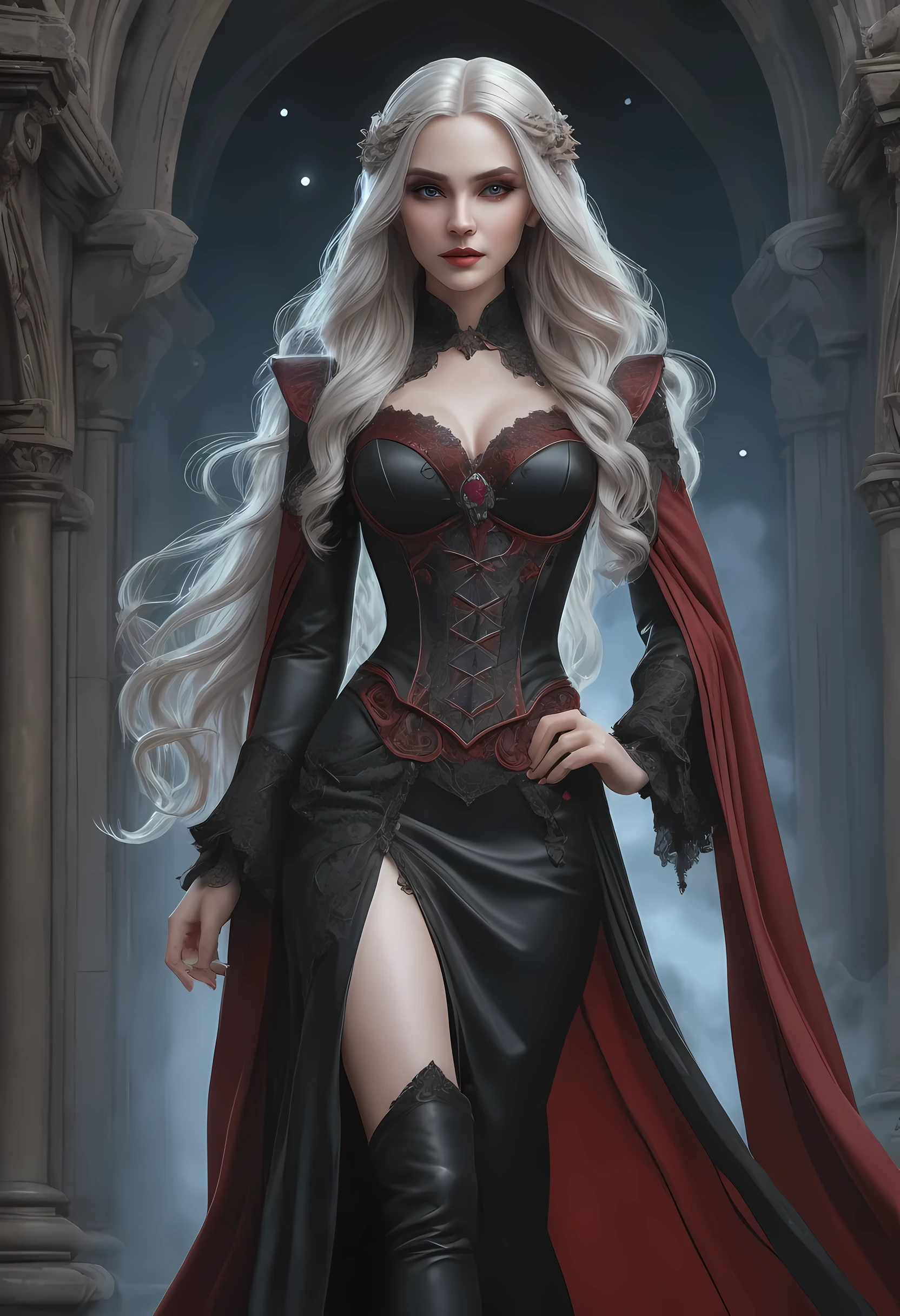 fantasy art, gothic art, (masterpiece:1.5), full body best details, highly detailed, best quality, Glowing Purple, highres, full body portrait of a vampire, elf (Masterpiece, best quality: 1.6), ultra feminine, wizard, (intricate details, Masterpiece, best quality: 1.5) with a long curvy hair, light color hair, blue eyes, (fantasy art, Masterpiece, best quality), ((beautiful delicate face)), Ultra Detailed Face (intricate details, fantasy art, Masterpiece, best quality: 1.5), [[vampiric fangs 1.5]] (red cloak: 1.3) , flowing cloak (intricate details, fantasy art, Masterpiece, best quality: 1.3), wearing an intricate black dress (intricate details, fantasy art, Masterpiece, best quality: 1.5), high heeled boots, urban background (intense details, beat details), fantasy, at night light, natural ,moon light, clouds, gothic atmosphere, soft light, dynamic light, [[anatomically correct]], high details, best quality, 8k, [ultra detailed], masterpiece, best quality, (extremely detailed), dynamic angle