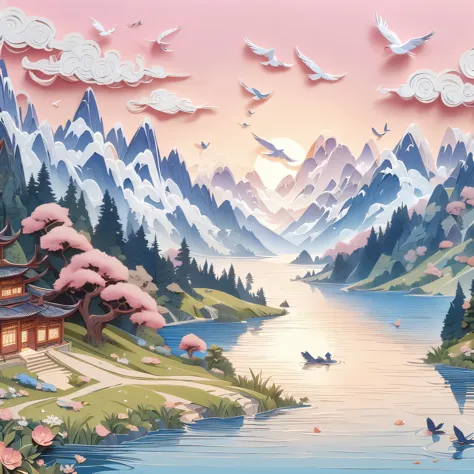 (masterpiece, best quality:1.2), embossed paper, alone，a painting of an alpine lake，the background is a castle，the foreground is...