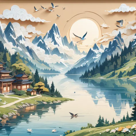 (masterpiece, best quality:1.2), embossed paper, alone，a painting of an alpine lake，the background is a castle，the foreground is...