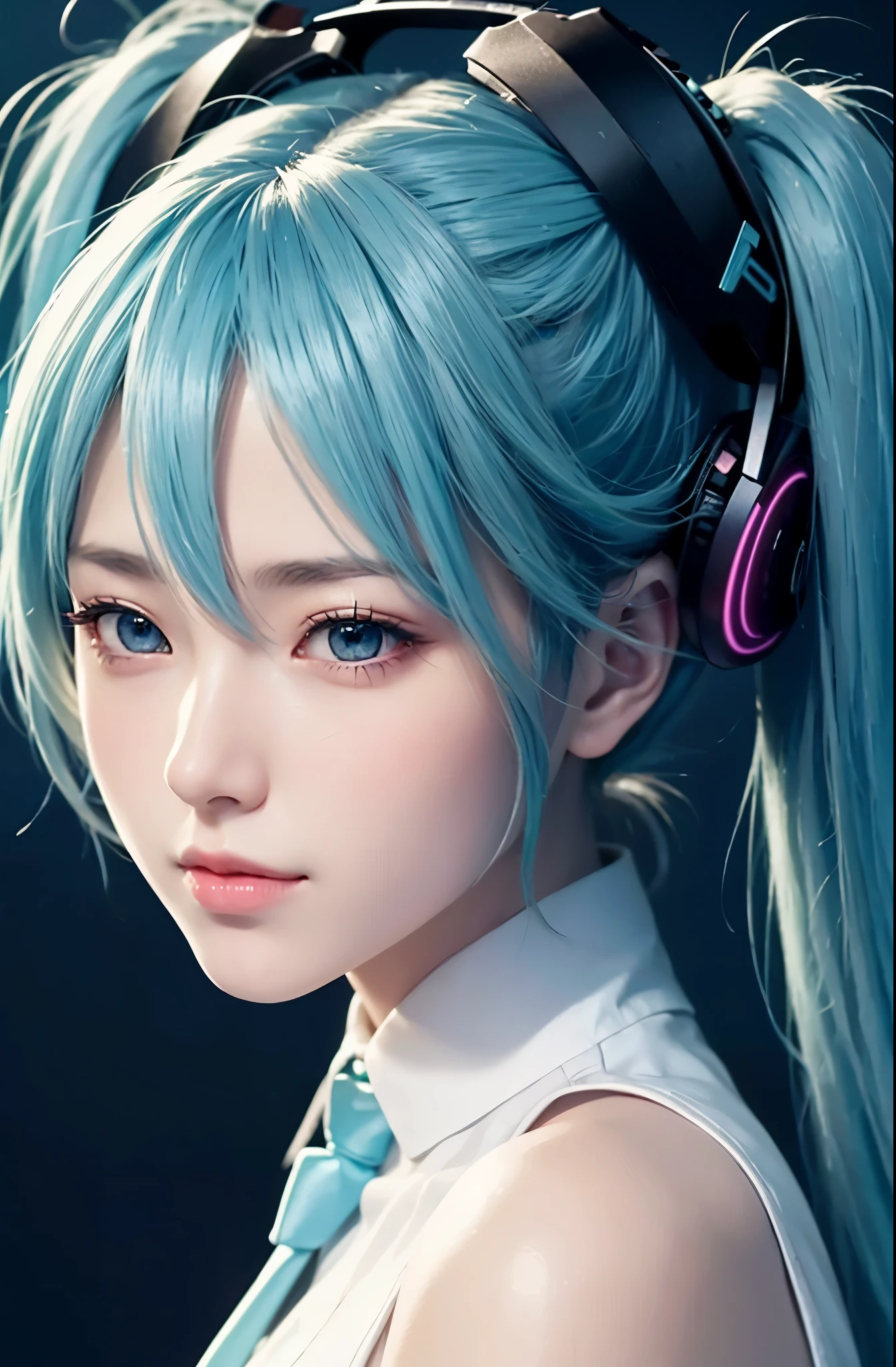 Hatsune Miku, ultra realistic, high res, highly detail, masterpiece, best quality, blushing, 1girl, rythm, floating Musical note, musical instrument, singing, mic, blue tie, facing  to viewer, looking to viewer
