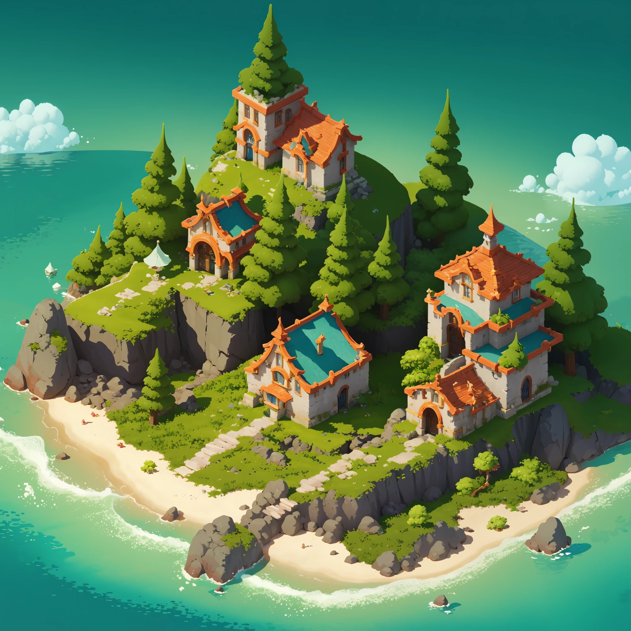 3d isometric view of dark fantasy island,