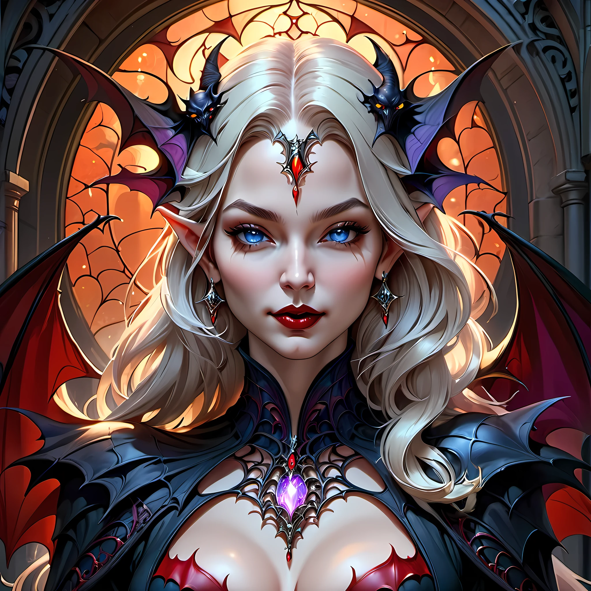 fantasy art, gothic art, (masterpiece:1.5), full body best details, highly detailed, best quality, Glowing Purple, highres, full body portrait of a vampire, elf (Masterpiece, best quality: 1.6), ultra feminine, wizard, (intricate details, Masterpiece, best quality: 1.5) with a long curvy hair, light color hair, blue eyes, (fantasy art, Masterpiece, best quality), ((beautiful delicate face)), Ultra Detailed Face (intricate details, fantasy art, Masterpiece, best quality: 1.5), [[vampiric fangs 1.5]] (red cloak: 1.3) , flowing cloak (intricate details, fantasy art, Masterpiece, best quality: 1.3), wearing an intricate black dress (intricate details, fantasy art, Masterpiece, best quality: 1.5), high heeled boots, urban background (intense details, beat details), fantasy, at night light, natural ,moon light, clouds, gothic atmosphere, soft light, dynamic light, [[anatomically correct]], high details, best quality, 8k, [ultra detailed], masterpiece, best quality, (extremely detailed), dynamic angle