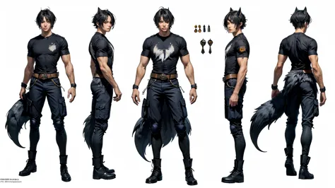 (Masterpiece, best quality), detailed, ((character concept art)), ((character design sheet, same character, front, side, back)), many items, (1man, (monstergirl, wolfboy), t-shirt, cargo pants, military boots, many parts), (light skin color:1), (brown eyes...