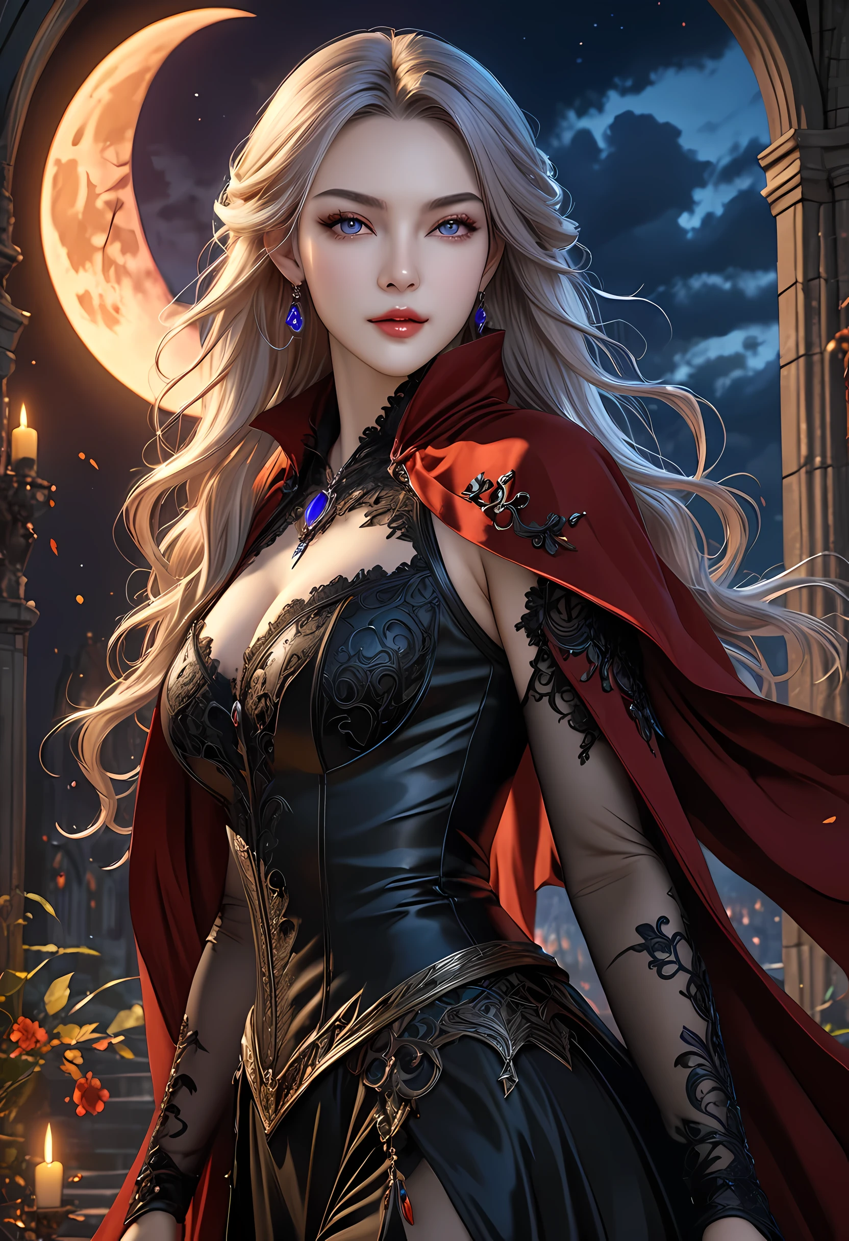 fantasy art, gothic art, (masterpiece:1.5), full body best details, highly detailed, best quality, Glowing Purple, highres, full body portrait of a vampire, elf (Masterpiece, best quality: 1.6), ultra feminine, wizard, (intricate details, Masterpiece, best quality: 1.5) with a long curvy hair, light color hair, blue eyes, (fantasy art, Masterpiece, best quality), ((beautiful delicate face)), Ultra Detailed Face (intricate details, fantasy art, Masterpiece, best quality: 1.5), [[vampiric fangs 1.5]] (red cloak: 1.3) , flowing cloak (intricate details, fantasy art, Masterpiece, best quality: 1.3), wearing an intricate black dress (intricate details, fantasy art, Masterpiece, best quality: 1.5), high heeled boots, urban background (intense details, beat details), fantasy, at night light, natural ,moon light, clouds, gothic atmosphere, soft light, dynamic light, [[anatomically correct]], high details, best quality, 8k, [ultra detailed], masterpiece, best quality, (extremely detailed), dynamic angle