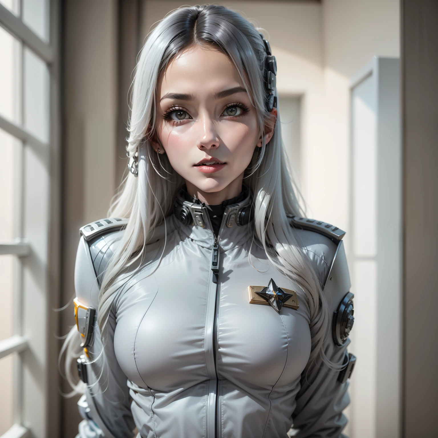 Mujer arafed con uniforme militar posando para una foto., retrato anime chica cadete espacial, Star Trek Asian Woman, cyborg - chica con cabello plateado, cosplay profesional, as supervisory character, cosplay realista, cosplay completo, crew member of a futuristic spaceship, loba andrade de apex legends, portrait of a science fiction woman, Sil de especie, cosplayer