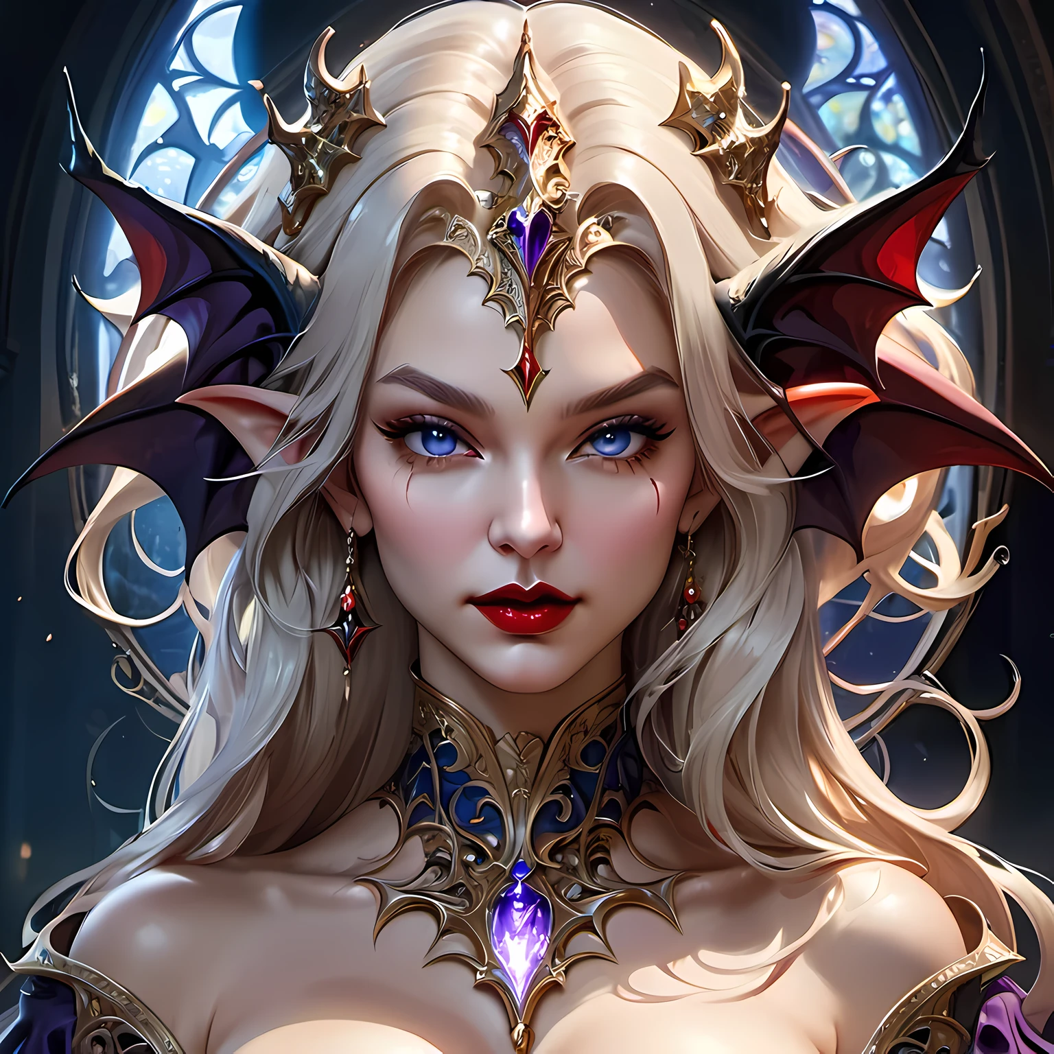 fantasy art, gothic art, (masterpiece:1.5), full body best details, highly detailed, best quality, Glowing Purple, highres, full body portrait of a vampire, elf (Masterpiece, best quality: 1.6), ultra feminine, wizard, (intricate details, Masterpiece, best quality: 1.5) with a long curvy hair, light color hair, blue eyes, (fantasy art, Masterpiece, best quality), ((beautiful delicate face)), Ultra Detailed Face (intricate details, fantasy art, Masterpiece, best quality: 1.5), [[vampiric fangs 1.5]] (red cloak: 1.3) , flowing cloak (intricate details, fantasy art, Masterpiece, best quality: 1.3), wearing an intricate black dress (intricate details, fantasy art, Masterpiece, best quality: 1.5), high heeled boots, urban background (intense details, beat details), fantasy, at night light, natural ,moon light, clouds, gothic atmosphere, soft light, dynamic light, [[anatomically correct]], high details, best quality, 8k, [ultra detailed], masterpiece, best quality, (extremely detailed), dynamic angle