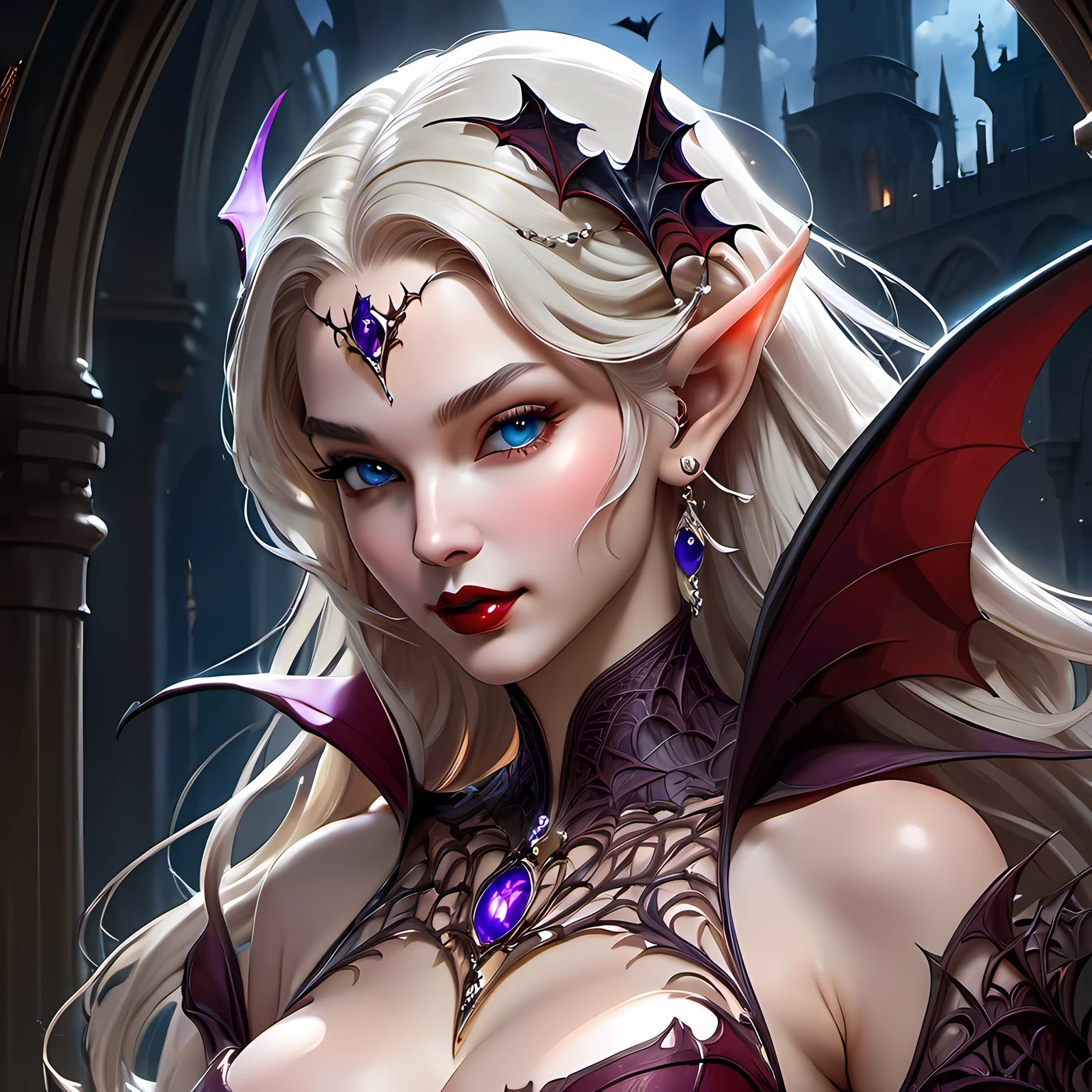 fantasy art, gothic art, (masterpiece:1.5), full body best details, highly detailed, best quality, Glowing Purple, highres, full body portrait of a vampire, elf (Masterpiece, best quality: 1.6), ultra feminine, wizard, (intricate details, Masterpiece, best quality: 1.5) with a long curvy hair, light color hair, blue eyes, (fantasy art, Masterpiece, best quality), ((beautiful delicate face)), Ultra Detailed Face (intricate details, fantasy art, Masterpiece, best quality: 1.5), [[vampiric fangs 1.5]] (red cloak: 1.3) , flowing cloak (intricate details, fantasy art, Masterpiece, best quality: 1.3), wearing an intricate black dress (intricate details, fantasy art, Masterpiece, best quality: 1.5), high heeled boots, urban background (intense details, beat details), fantasy, at night light, natural ,moon light, clouds, gothic atmosphere, soft light, dynamic light, [[anatomically correct]], high details, best quality, 8k, [ultra detailed], masterpiece, best quality, (extremely detailed), dynamic angle