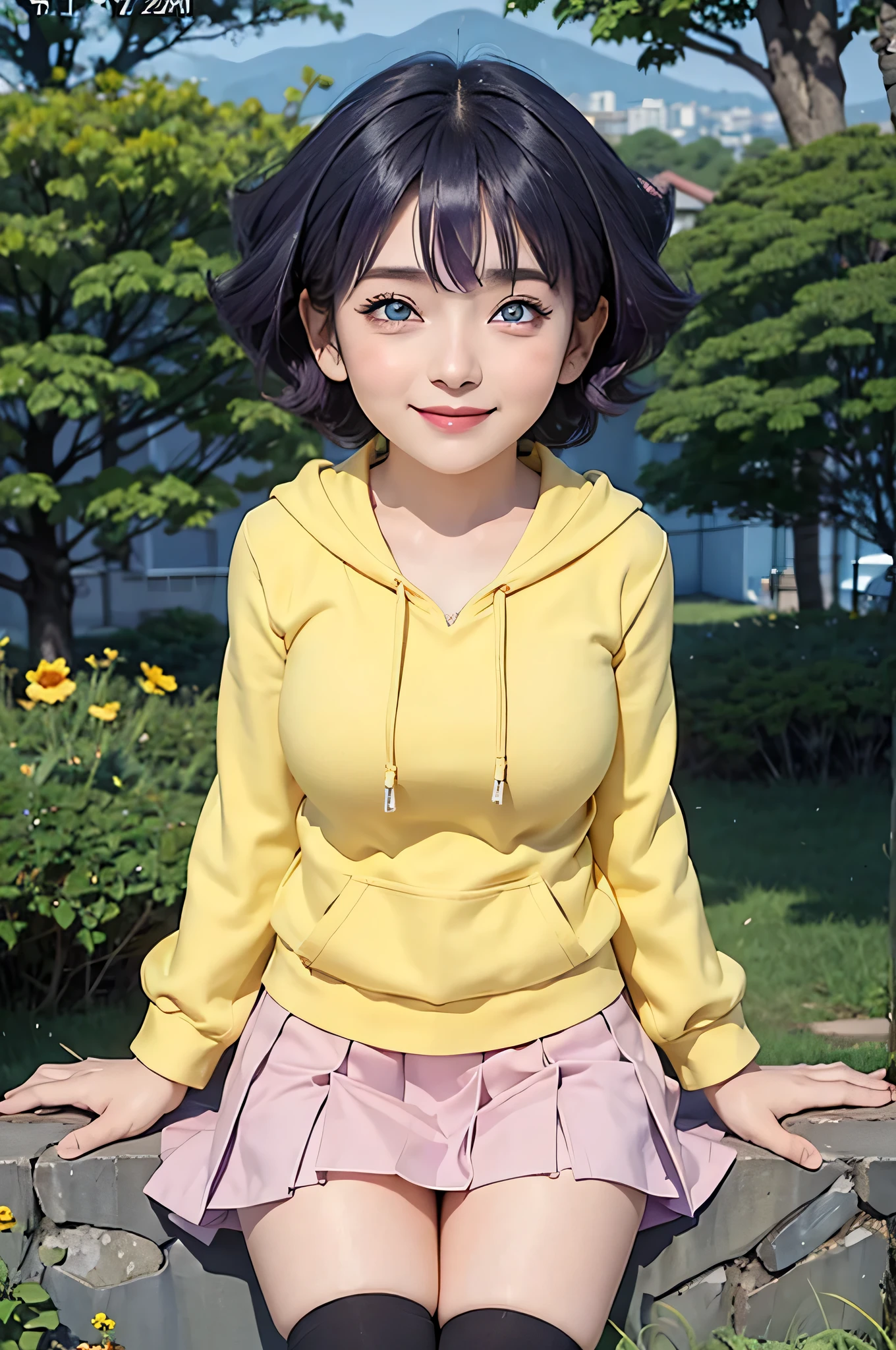 1girl, himawari anime naruto shipudden, short hair , purple hair, blue eyes, beautiful, yellow clothes, smile, realistic clothes, detail clothes, city background, ultra detail, realistic