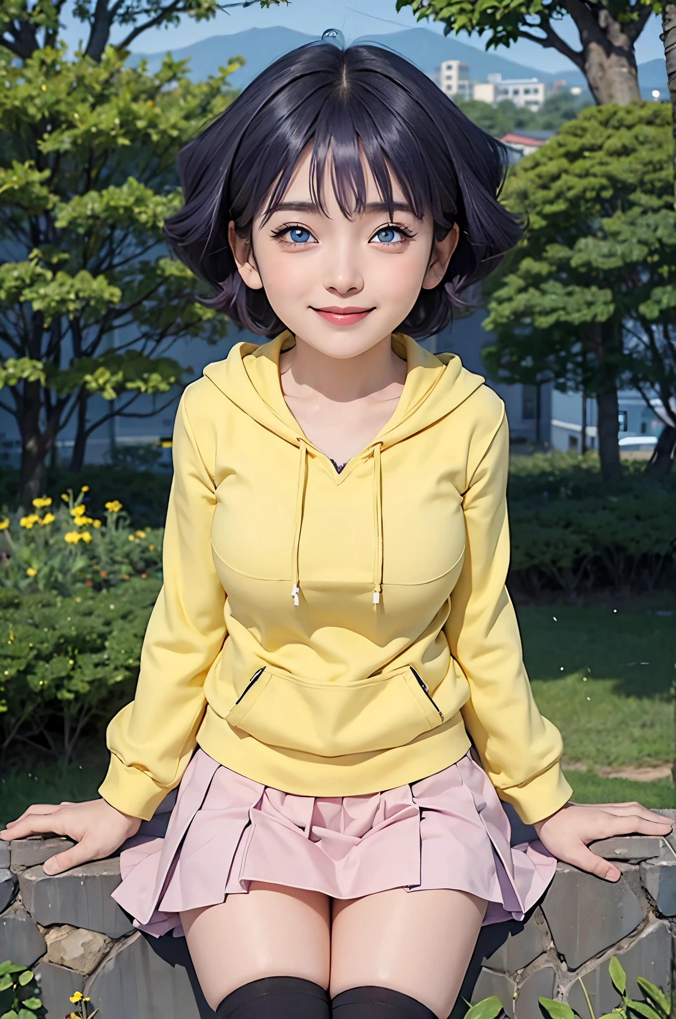 1girl, himawari anime naruto shipudden, short hair , purple hair, blue eyes, beautiful, yellow clothes, smile, realistic clothes, detail clothes, city background, ultra detail, realistic