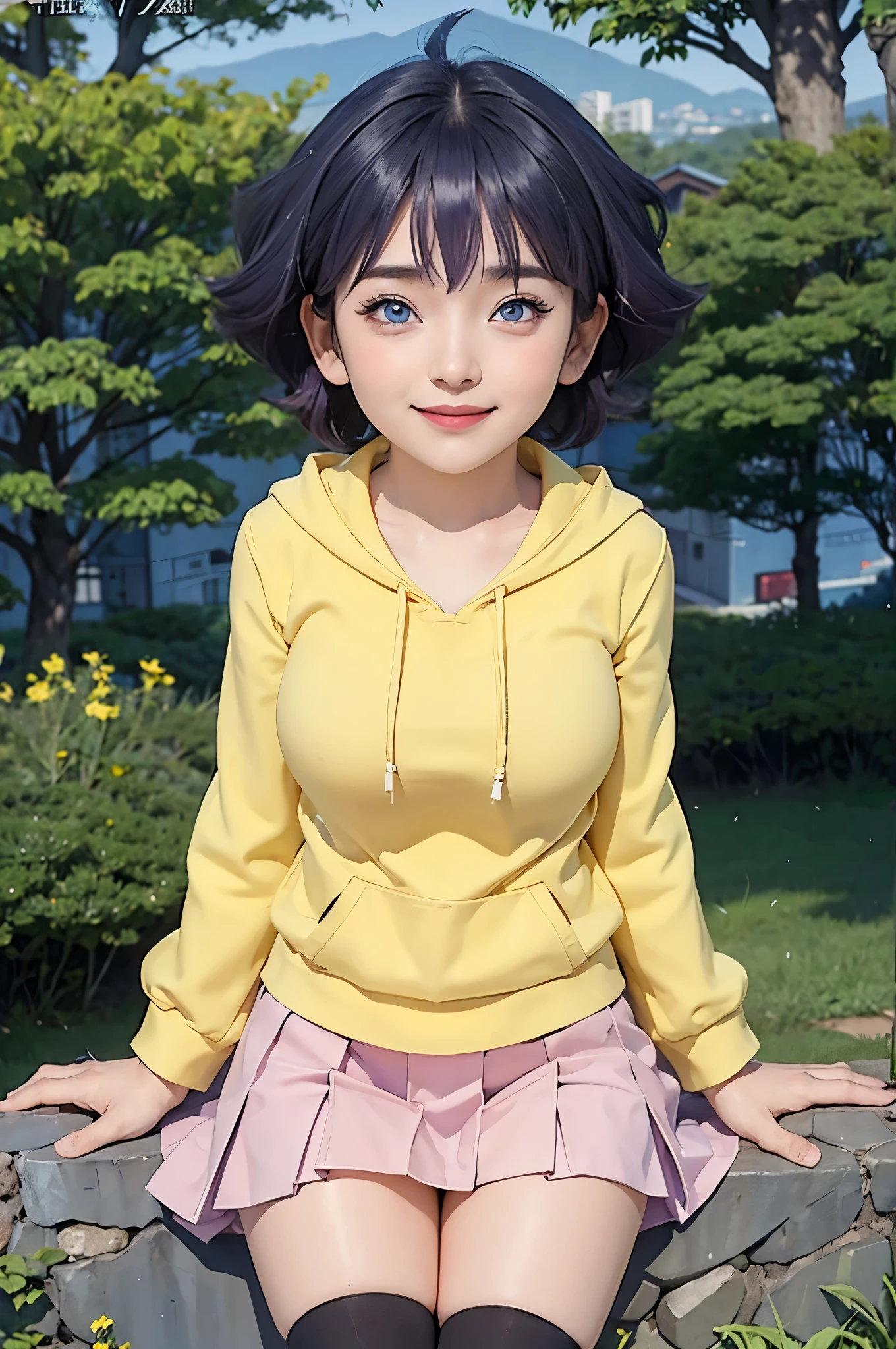 1girl, himawari anime naruto shipudden, short hair , purple hair, blue eyes, beautiful, Yellow clothes open at the breasts , smile, realistic clothes, detail clothes, city background, ultra detail, realistic