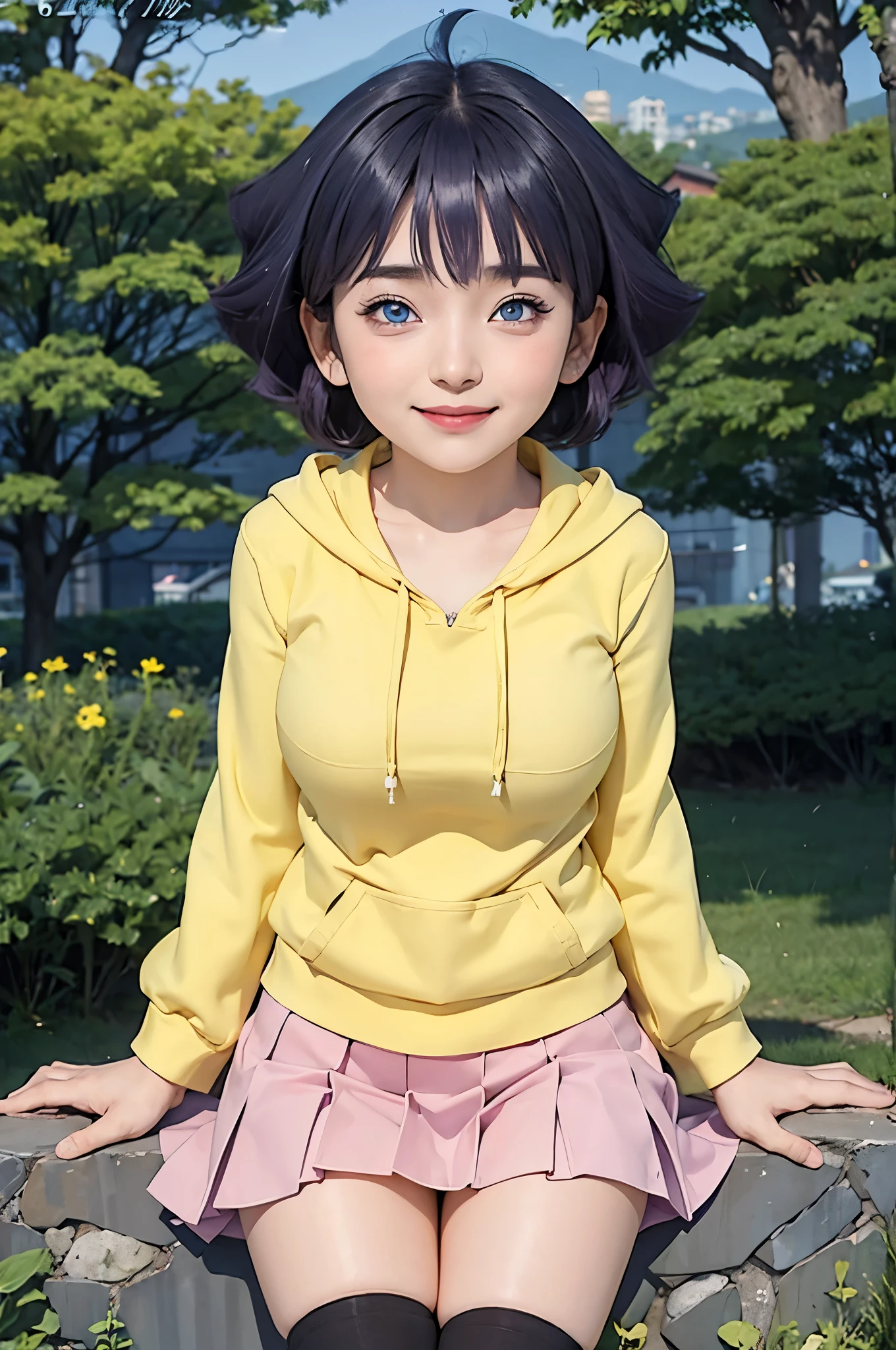 여자 1명, himawari anime naruto shipudden, 짧은 머리 , 보라색 머리카락, 파란 눈, 아름다운, 노란 옷은 가슴에 열려 , 웃다, 현실적인 clothes, 디테일 옷, 도시 배경, 울트라 디테일, 현실적인