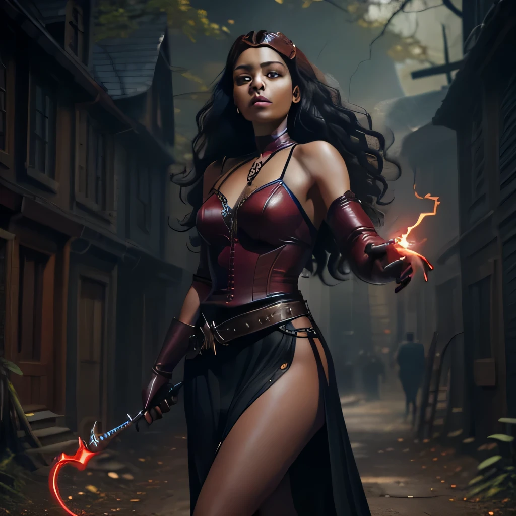 A very tall and attractive woman with a normal figure is standing before you. She has a dark complexion and long, rastafarian black lock curls framing her face. Her green eyes flash with magical power. She wears a deeply-cut blood-red dress, the color of fresh berries, complemented by long, fitted gloves. Her long legs are encased in high, black leather boots that reach her thighs. A belt made of silver braid and leather is cinched around her hips, adorned with several leather pouches, a dagger, and a slingshot. In her right hand, she holds a sturdy magical staff, about a meter long. Her left hand grips a