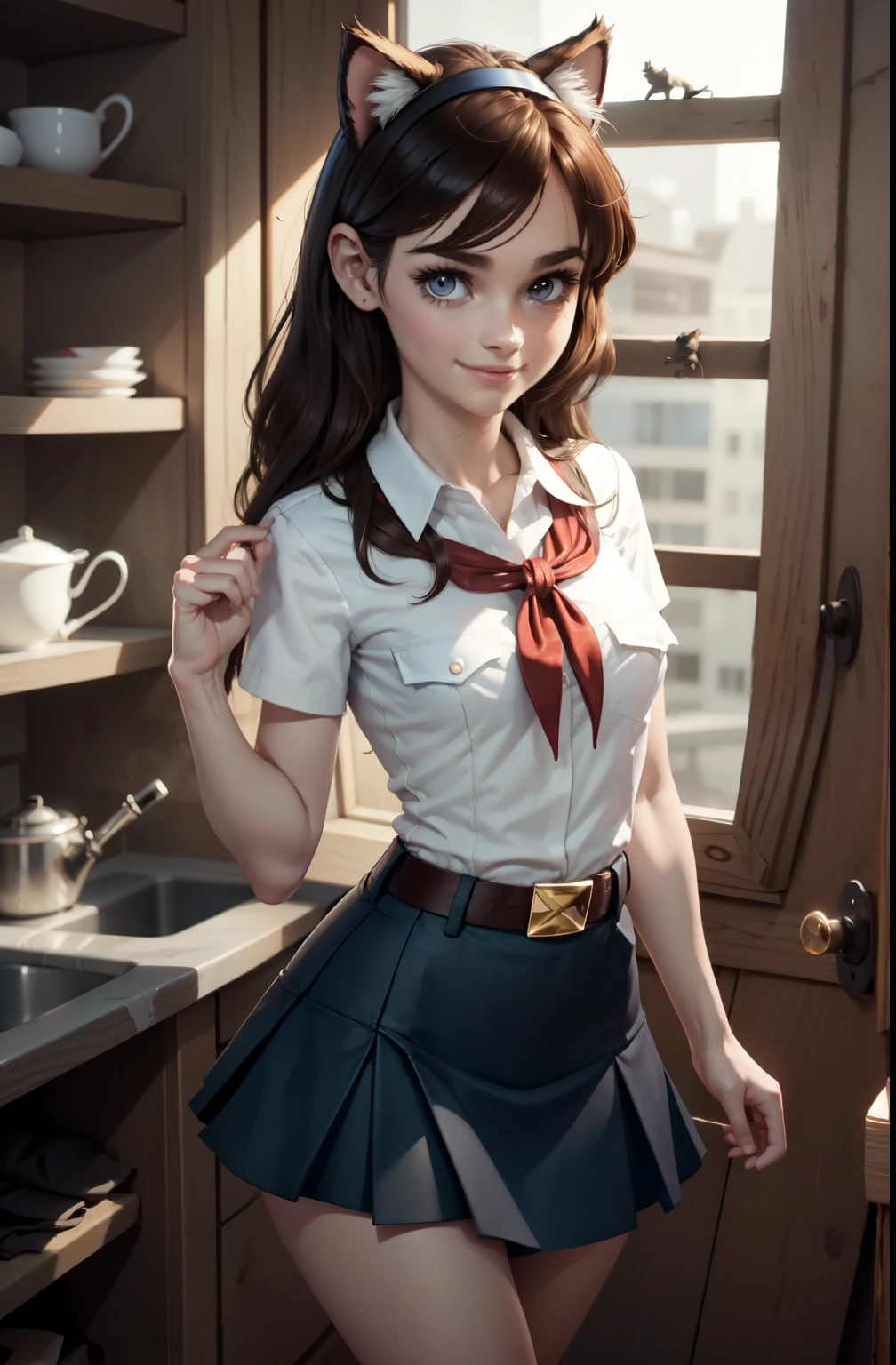 very young slim fit girl, at full height, rounded face, very long disheveled dark brown hair, big brown eyes, shy smile, perfect flat breast, band on head with fake cat ears, parororo, pioneer neckerchief, blue thight microskirt, bangs, shirt, collarbone, white shirt, short sleeves, collared shirt, belt, neckerchief, eyelashes, red neckerchief, breast pocket