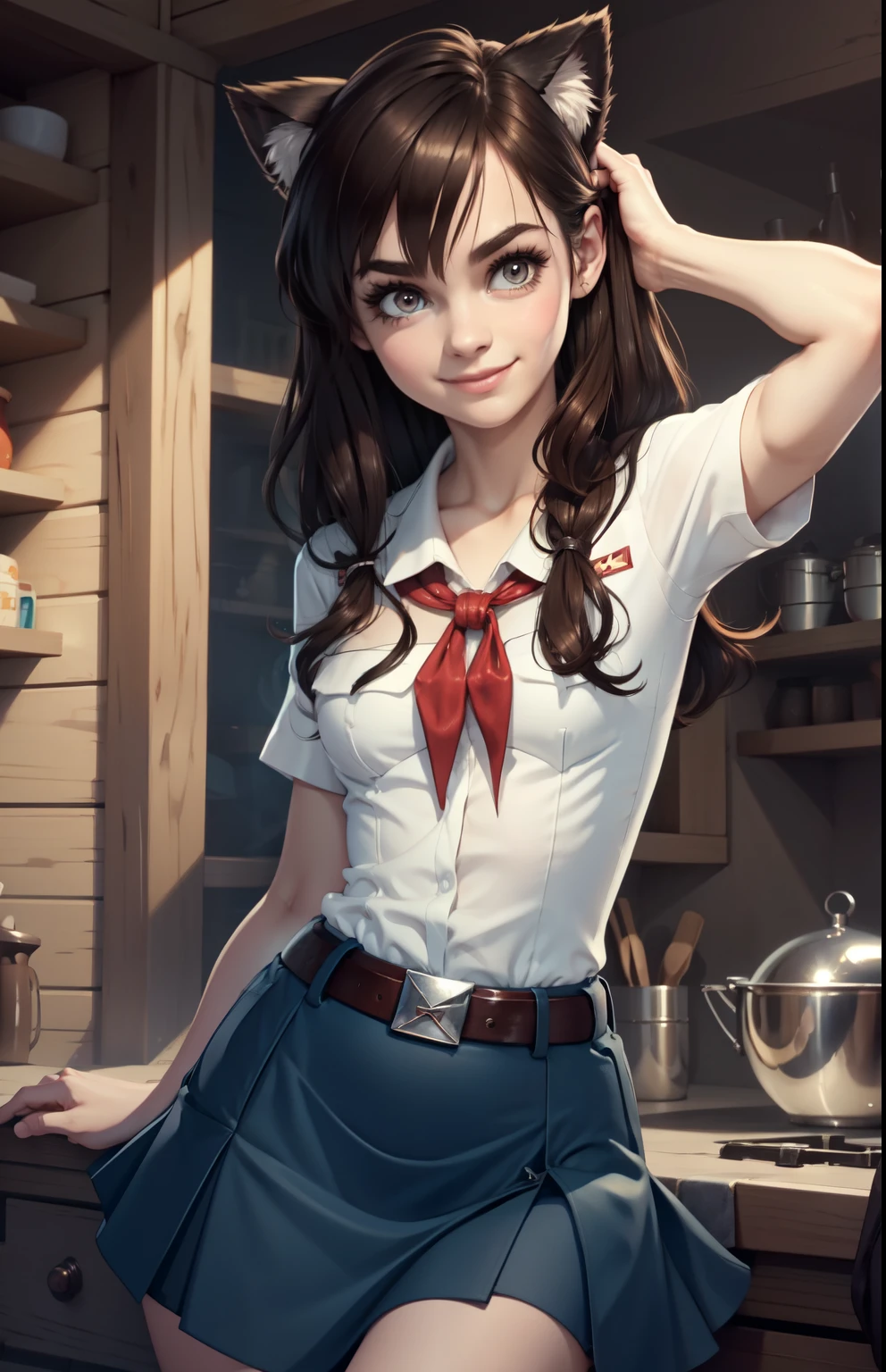 very young slim fit girl, at full height, rounded face, very long disheveled dark brown hair, big brown eyes, shy smile, perfect flat breast, band on head with fake cat ears, parororo, pioneer neckerchief, blue thight microskirt, bangs, shirt, collarbone, white shirt, short sleeves, collared shirt, belt, neckerchief, eyelashes, red neckerchief, breast pocket