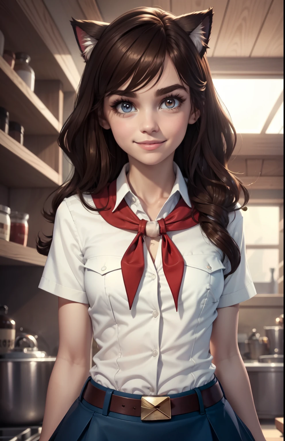 very young slim fit girl, at full height, rounded face, very long disheveled dark brown hair, big brown eyes, shy smile, perfect flat breast, band on head with fake cat ears, parororo, pioneer neckerchief, blue thight microskirt, bangs, shirt, collarbone, white shirt, short sleeves, collared shirt, belt, neckerchief, eyelashes, red neckerchief, breast pocket