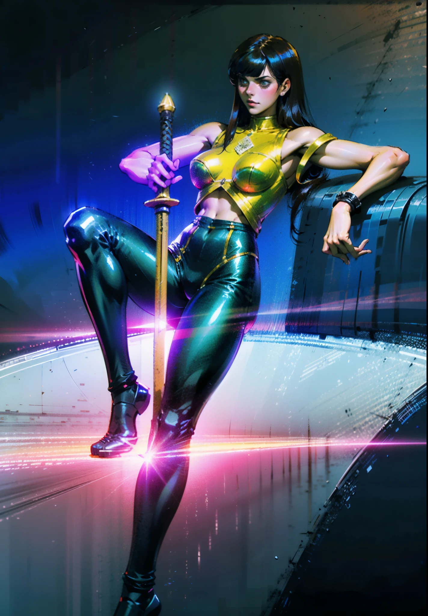 A beautiful woman with long shiny black hair, choppy bangs, a delicate face, a cold proud gaze, a fit figure, a fantasy-style high-necked leather breastplate top, sleeveless, exposes her waist, a bracelet adorns her wrist, tight-fitting leather pants, her right hand holds a longsword with a blue scabbard, she lounges casually sitting, this character embodies a finely crafted fantasy-style bounty hunter in anime style, exquisite and mature manga art style, (Alexandra Daddario:1.2), high definition, best quality, highres, ultra-detailed, ultra-fine painting, extremely delicate, professional, anatomically correct, symmetrical face, extremely detailed eyes and face, high quality eyes, creativity, RAW photo, UHD, 32k, Natural light, cinematic lighting, masterpiece-anatomy-perfect, masterpiece:1.5