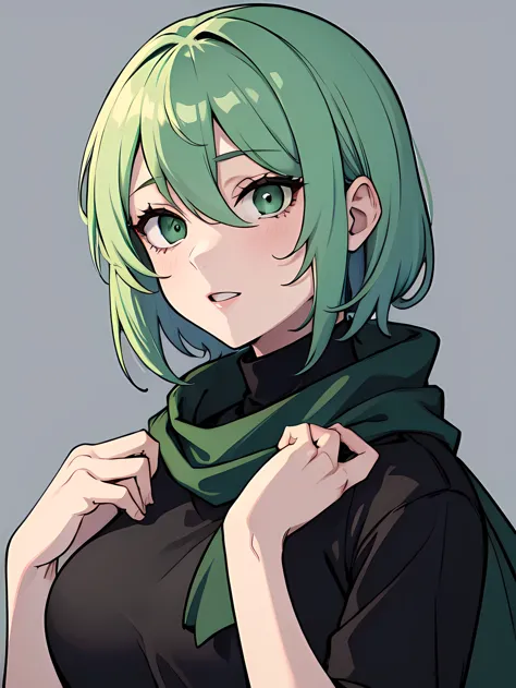 masterpiece, best quality, highres, 1girl, short green pastel hair, black shirt, turtleneck, long scarf