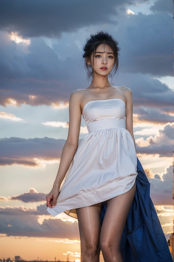 Very detailed eyes and face, delicate eyes, Super detailed,Ultra HD resolution, The content is very detailed,best quality,Enlightenment,Unite,8k wallpaper,masterpiece,best quality,1 girl, night, Sky, intense clouds, Sunlight, Sunlight透过云层照耀, light streaks, outdoor, Shocking，fashion模特，slender legs，极其复杂的fashion，High_fashion,designer dress,wearing High_fashion,Full body female love，stand up，