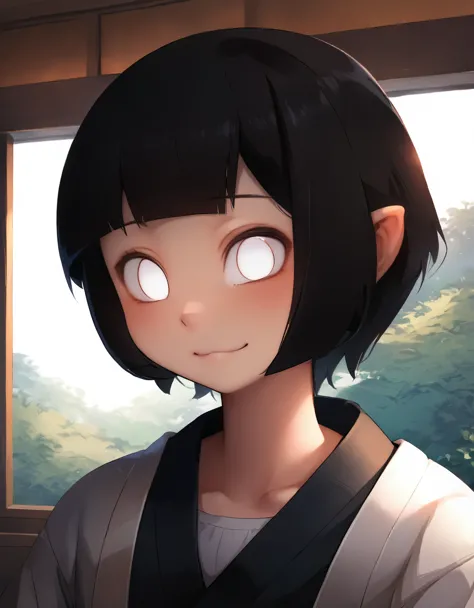masterpiece, best quality, 1girl, hyuuga hinata, black hair, short hair, white eyes, no pupils, konohagakure, upper body, solo, looking at viewer, house inside, japanese house, meadow background,