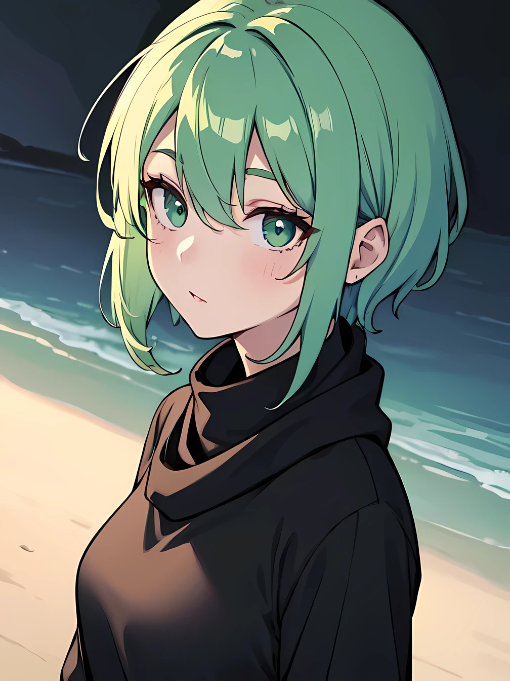 masterpiece, best quality, highres, 1girl, short green pastel hair, black shirt, turtleneck, long scarf