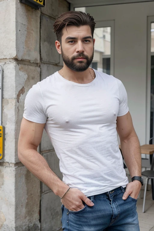 Un homme avec un regard intense, des sourcils bien dessinés et une barbe de trois jours, dressed in jeans and a white t-shirt.