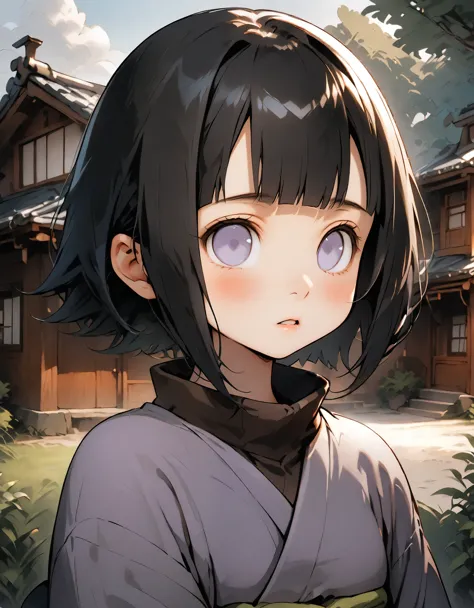 masterpiece, best quality, 1girl, hyuuga hinata, black hair, short hair, white eyes, no pupils, konohagakure, upper body, solo, looking at viewer, house inside, japanese house, meadow background,