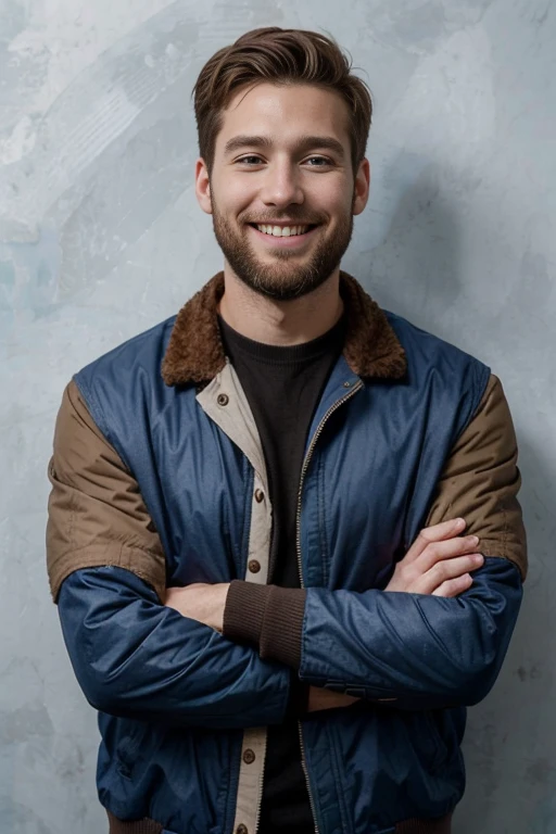 30-year-old Caucasian male with short brown hair and a full beard, wearing a blue jacket, smiling, with a blue wall in the background