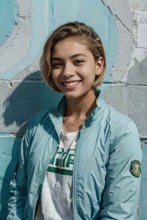 20-year-old Hispanic female with short blonde hair and a full beard, wearing a green jacket, smiling, with a blue wall in the background