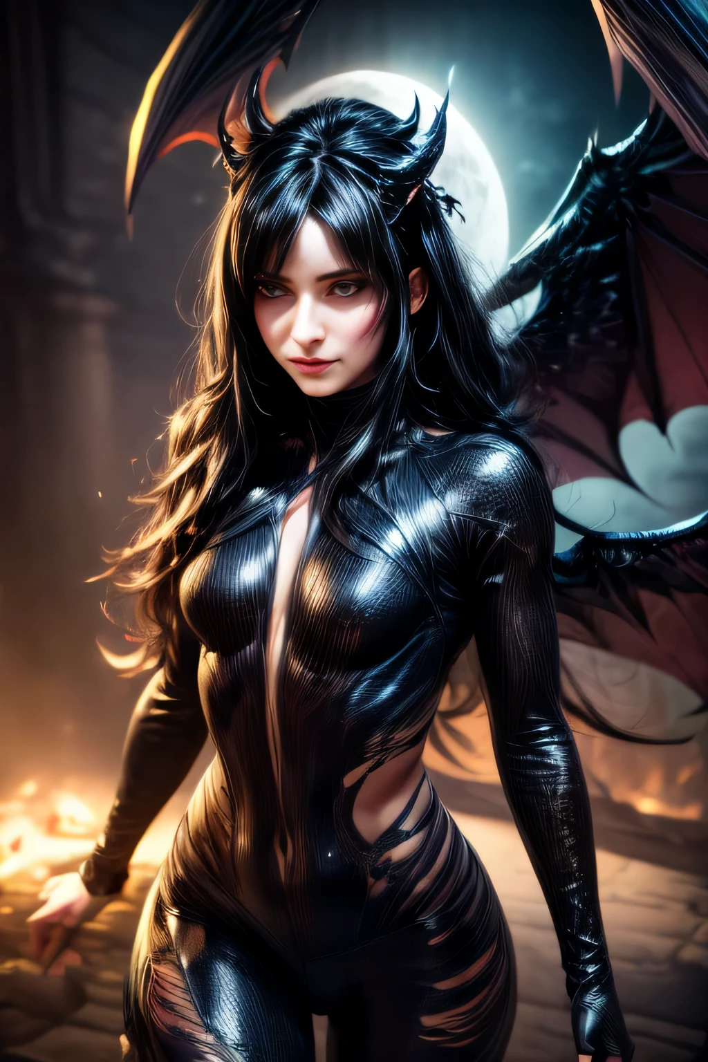 (best quality,4k,8k,highres,masterpiece:1.2),ultra-detailed,(realistic,photorealistic,photo-realistic:1.37), (girl like a succubus with small wings out of hell), full body, intense expression, demon small Wings, flowing long and thick hair, athletic physique, dark clothes, dramatic lighting, high contrast, powerful dynamic lines, vibrant colors, fierce eyes, sharp fangs, ethereal atmosphere, intense energy, flying objects, shattered debris, swirling smoke, epic background, moonlit night, mysterious shadows
,demonictech,better_hands,hands