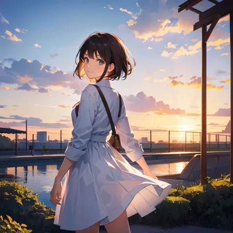 A woman with short brown hair looking back at the sunset sky and smiling