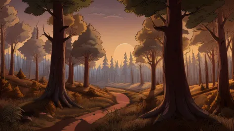 3d cartoon forest, late evening, golden hour, highest quality, darker tone, masterpiece, 8k uhd, no people