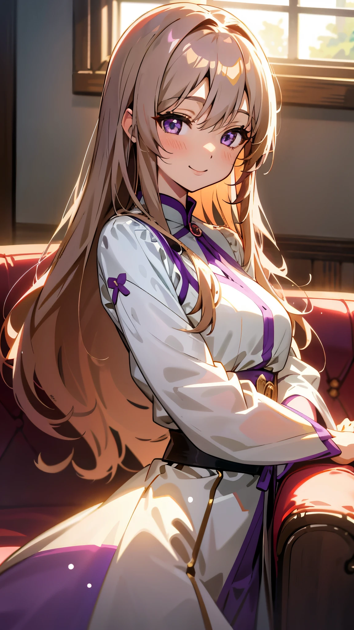 1 girl、anime style、美しい light brown hair、beautiful purple beautiful eyes、long hair、transparent hair、translucent hair、smile、expression of strong pleasure、From the side、upper body close-up、Western-style room、sofa、morning、Lens flare、shiny, Glossy skin、sexy costume