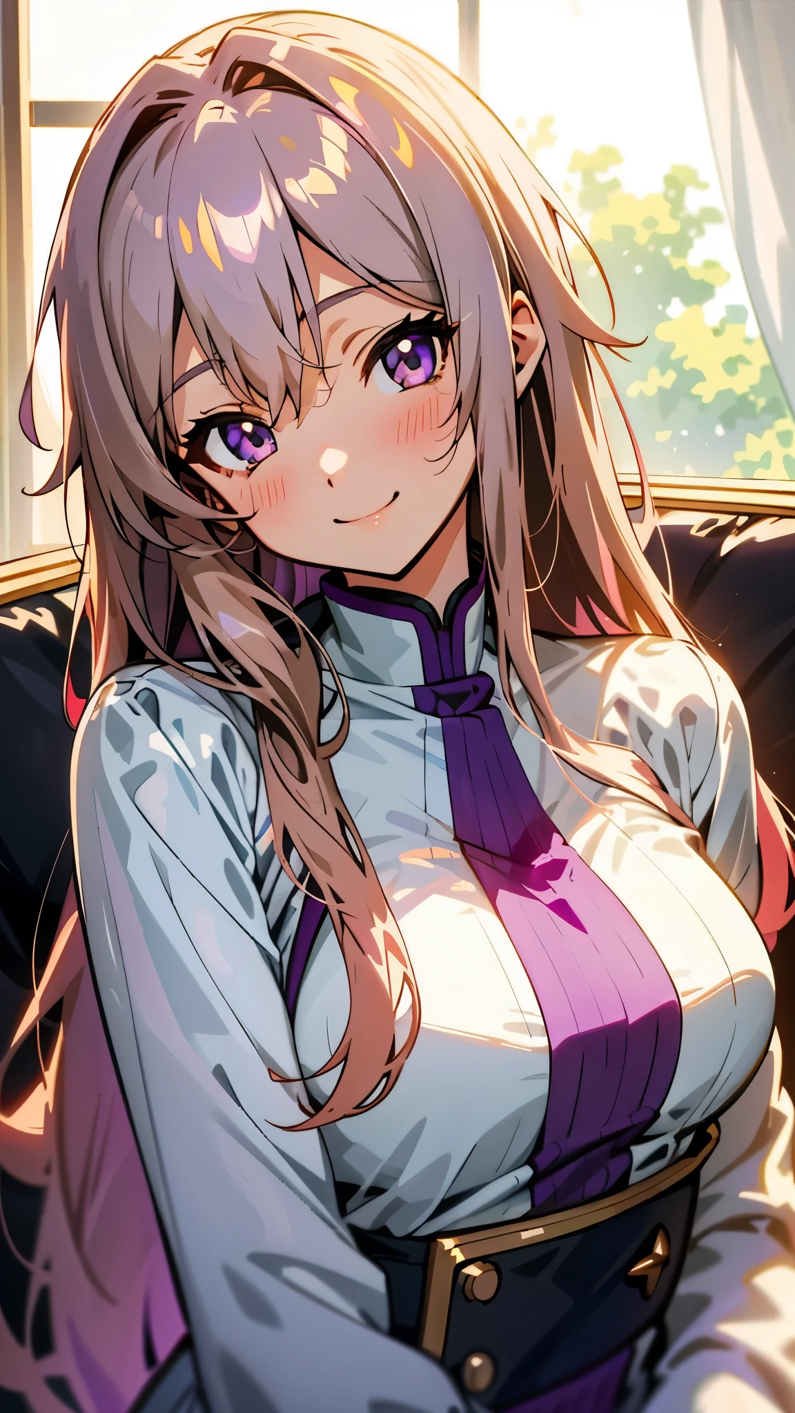 1 girl、anime style、美しい light brown hair、beautiful purple beautiful eyes、long hair、transparent hair、translucent hair、smile、expression of strong pleasure、upper body close-up、Western-style room、sofa、morning、Lens flare、shiny, Glossy skin、Sexy costumes that reveal a lot of skin