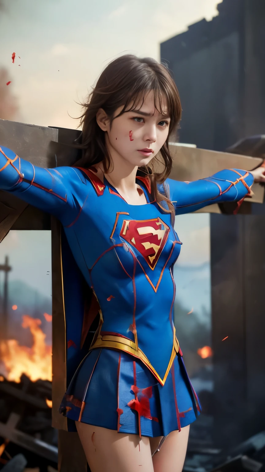 highest quality，masterpiece，UHD, Super detailed, 8K，(Beautiful woman)，(一人のBeautiful woman)，((crucifixion:1.5))，(((cross)))，(execution)，((incontinence))，scared，torture，slave，((crossにcrucifixionにされた女性：1.5)),crucifixion刑，((supergirl:1.5))，blue suit，Superman logo on chest，red skirt，red boots，((torn costume：1.5))，((Tearing of clothes：1.5))，(tattered clothes：1.5)，Beaten face，顔にtraces of being beaten，((bruises on body))，scars on body，injured face and body，(Bruise, dirty, torn clothes, revealing clothes, Blood:1.3)，traces of being beaten，Defeated heroine，a devastated world，ruins，abandoned building，(burning at the stake)，((roasted over fire：1.2))，inflammation，(inflammationに包まれている)，足下にinflammation