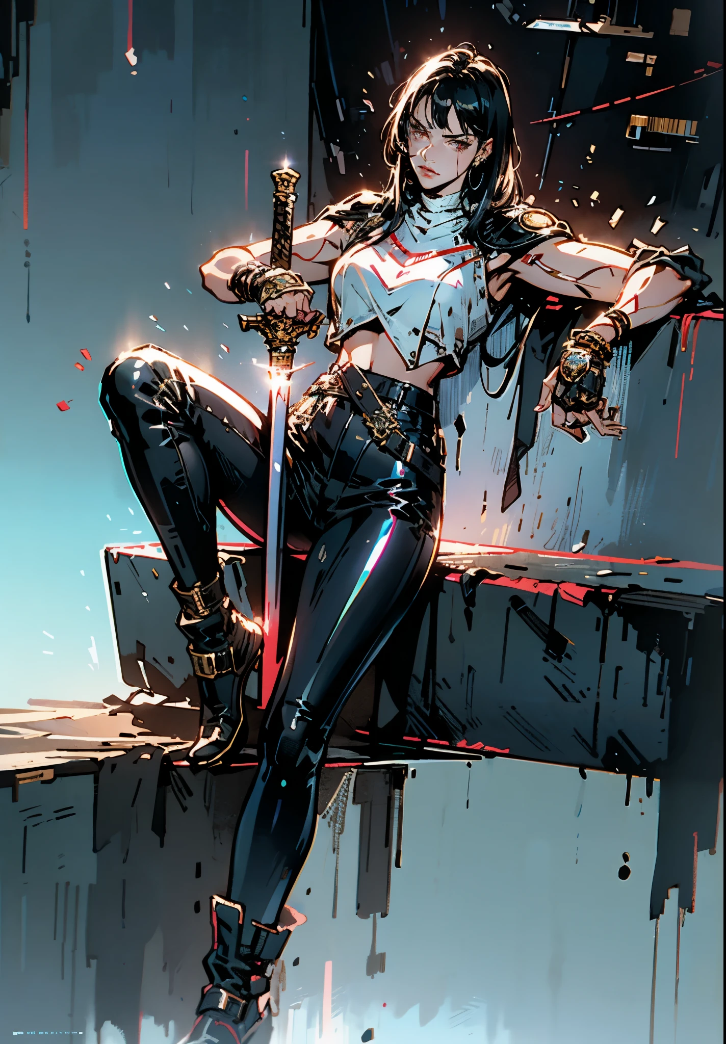 A beautiful woman with long shiny black hair, choppy bangs, a delicate face, a cold proud gaze, a fit figure, a fantasy-style high-necked leather breastplate top, sleeveless, exposes her waist, a bracelet adorns her wrist, tight-fitting leather pants, her right hand holds a longsword with a blue scabbard, she lounges casually sitting, this character embodies a finely crafted fantasy-style bounty hunter in anime style, exquisite and mature manga art style, (Alexandra Daddario:1.2), high definition, best quality, highres, ultra-detailed, ultra-fine painting, extremely delicate, professional, anatomically correct, symmetrical face, extremely detailed eyes and face, high quality eyes, creativity, RAW photo, UHD, 32k, Natural light, cinematic lighting, masterpiece-anatomy-perfect, masterpiece:1.5