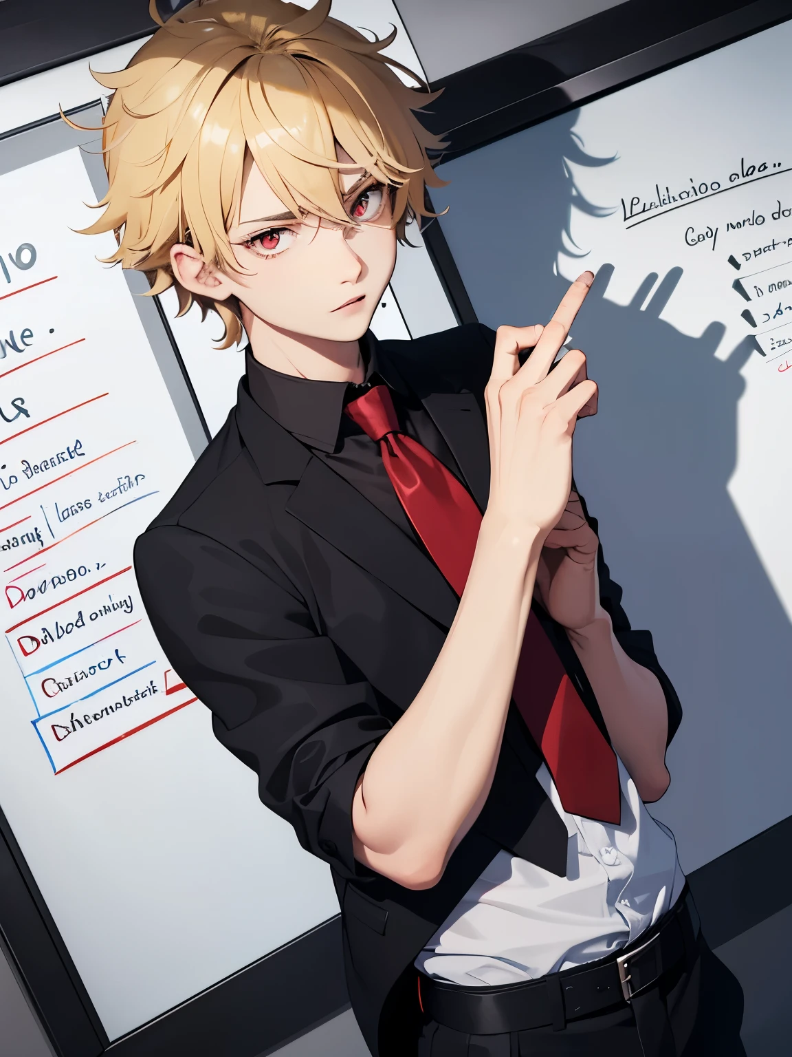 1boy,handsome,17 years old,Stand in front of the whiteboard,half body photo,Perfect face, HD face, ultra detailed face, short hair, blonde hair, messy hair, bright red eyes, vampire, black shirt, black trousers, red tie, ultra detailed, ultra HD