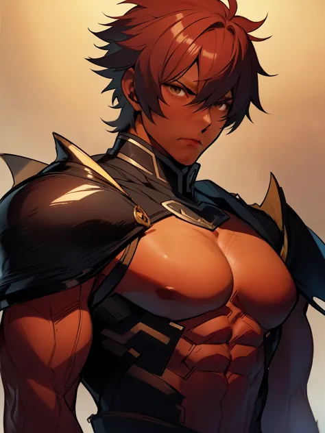 ((dark red hair)), (((dark skin))), (knight (final fantasy), ((serious expression)), ((warrior)), ((armor)), ((fantasy clothing)), ((muscular build)), (((complementary colors))), ((mature male)), 1boy, beautifully drawn, high resolution illustration, best ...