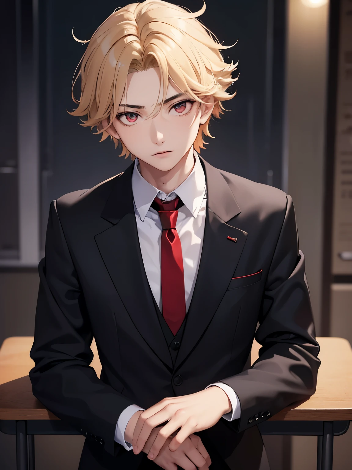 1boy,handsome,17 years old,Sit in a classroom chair,half body photo,Perfect face, HD face, ultra detailed face, short hair, blonde hair, messy hair, bright red eyes, vampire, black shirt, black trousers, red tie, ultra detailed, ultra HD