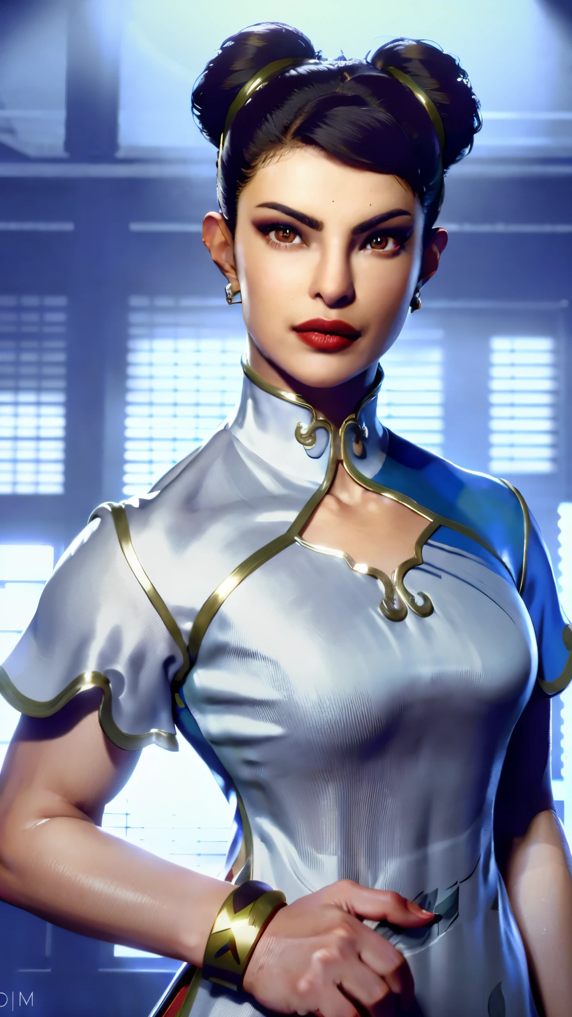 realistic, Priyanka Chopra, realism, photorealism, photo-realistic, high contrast, (photorealistic:1.4), 8k high definition detailed realistic, (best quality, masterpiece:1.2),  photon mapping, radiosity, physically-based rendering, best quality, highly detailed, 1girl, sfchunli, indoor, room light,  standing,