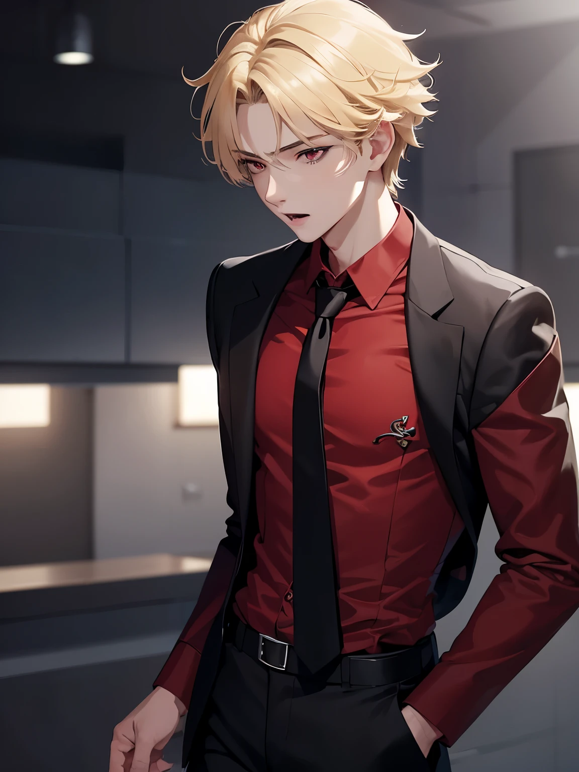 1boy,handsome,17 years old,Walk facing right, camera angle from the side,half body photo,Perfect face, HD face, ultra detailed face, short hair, blonde hair, messy hair, bright red eyes, vampire, black shirt, black trousers, red tie, ultra detailed, ultra HD