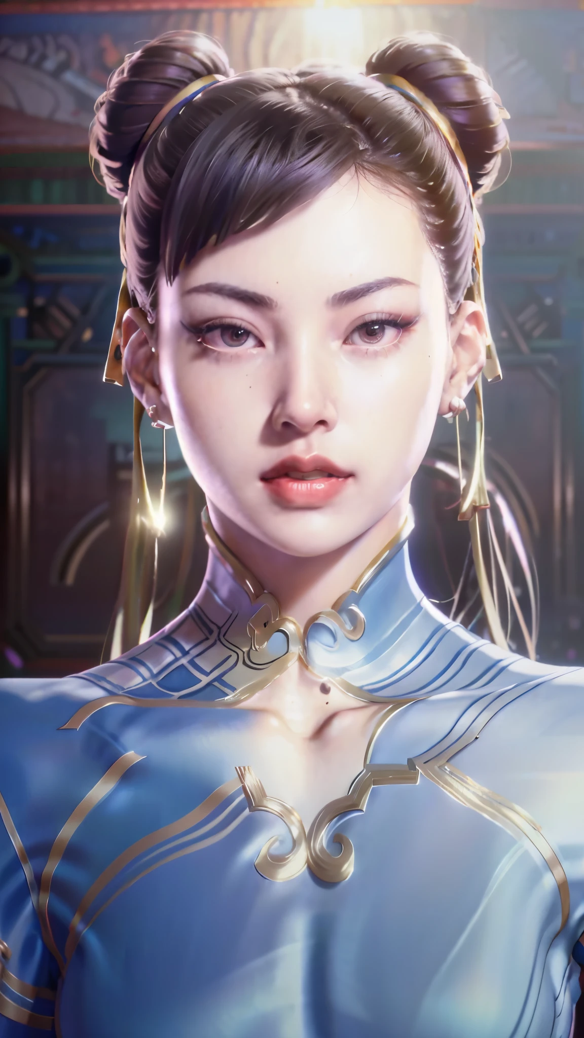 realistic, Lisa, Blackpink, realism, photorealism, photo-realistic, high contrast, (photorealistic:1.4), 8k high definition detailed realistic, (best quality, masterpiece:1.2),  photon mapping, radiosity, physically-based rendering, best quality, highly detailed, 1girl, sfchunli, indoor, room light,  standing,