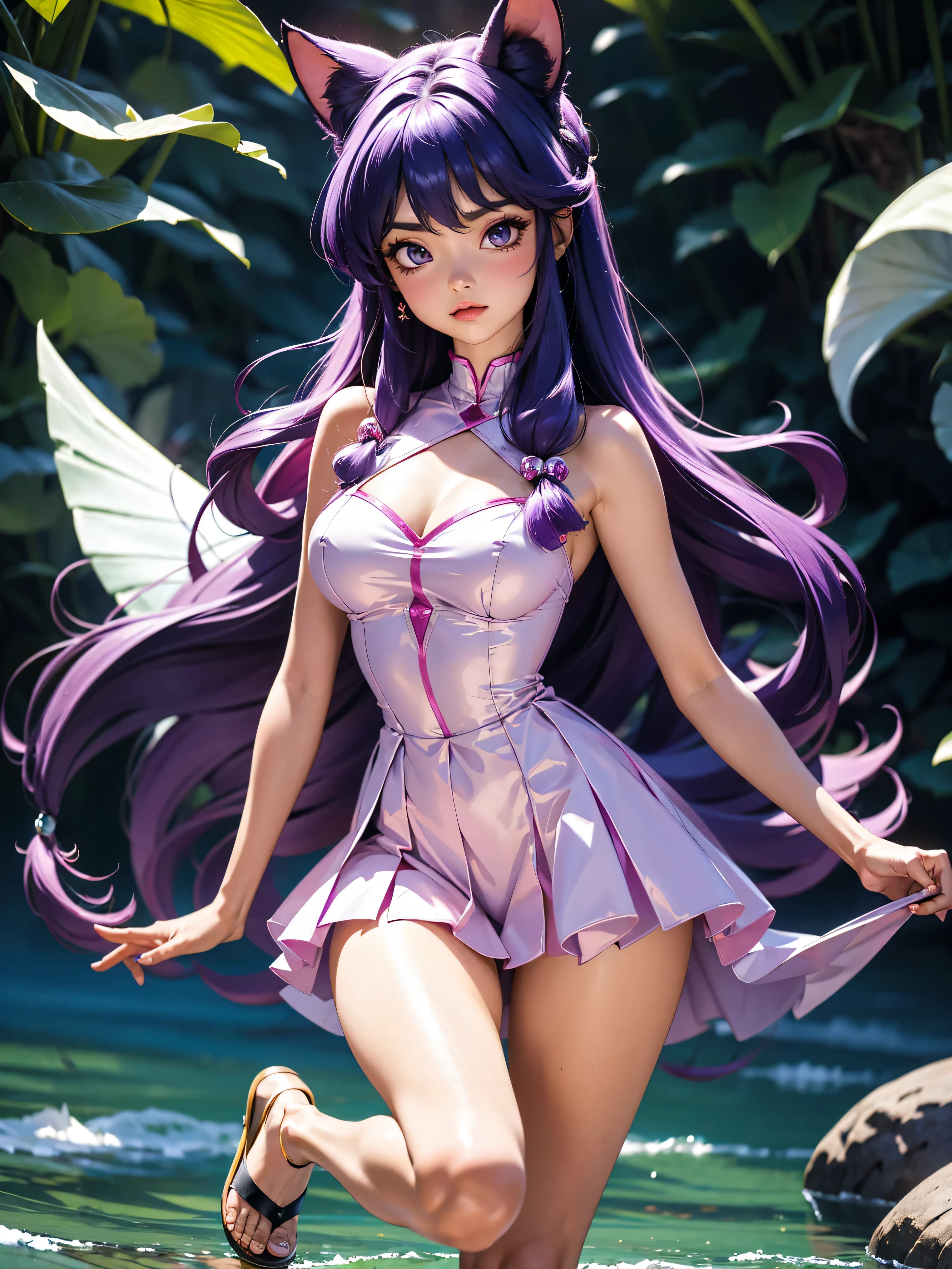 Garota anime de cabelo purple com saia vestido longo purple meio transparente e espartilho, 16 anos, corpo bonito, seios grandes, com hand in panties , hand in purple hair, Garota sexy, purple hair, mechas de cabelo laterais, mechas de cabelo na lateral do rosto, beautiful lighting, sombras suaves, olhos azuis, pernas bonitas, cabelo longo roxo, estilo anime, personagem Shampoo Chan, Autora Rumiko Takahashi, Baseado em obra de Rumiko Takahashi, Anime Ranma 1/ 2, decote sexy, quadril robusto, corpo inteiro, corpo inteiro, busto grande, garota jovem com corpo belo e bonito, sandals on his feet, garota 16 anos jovem, usando saia e corset pink e purple meio transparente, garota anime, estilo anime, beautiful feet in sandals, 45° viewing angle, ao ar livre, peito grande, seios bonitos, cabelo purple, sandals on the feet, pernas bonitas, sexy, belas pernas, Sandalias, seios grandes, corpo completo, corpo inteiro, feet with sandals, anime realista, saia, sarja roxa, personagem realista sexy, straight standing posture, ao ar livre, calcinha pink, hand in panties, saia vestido com 50% de opacidade meio translucida