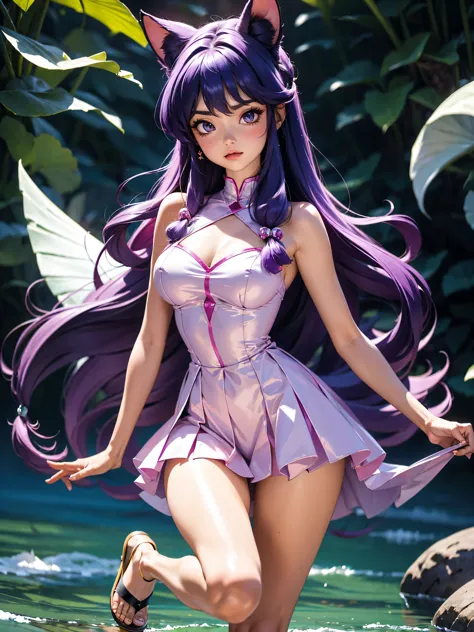 garota anime de cabelo purple com saia vestido longo purple meio transparente e espartilho, 16 anos, corpo bonito, seios grandes...