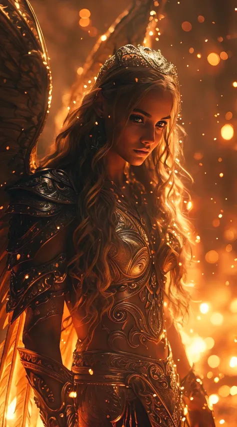 intricate, photorealistic image of a woman beautiful angel, she wearm a silver armor adorned with runes, he is covered by light ...